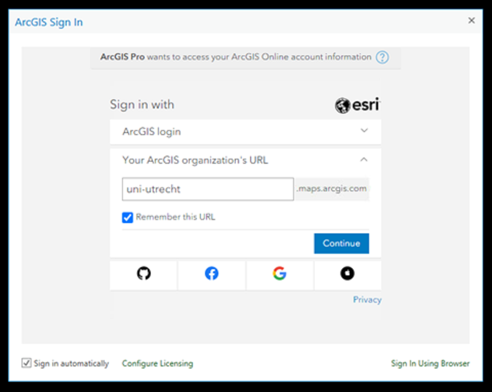 Screenshot of the ArcGIS Pro login screen for initializing a software license
